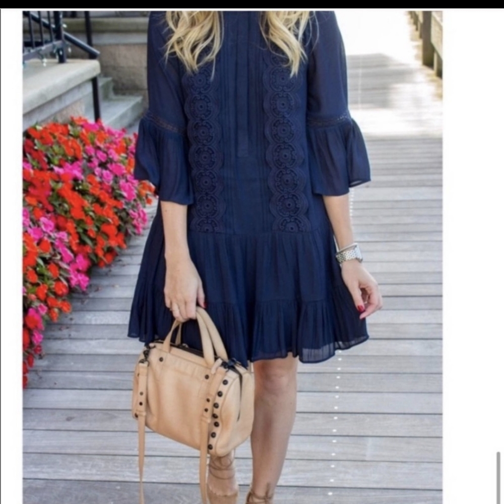Loft Ruffle and Lace Navy Dress